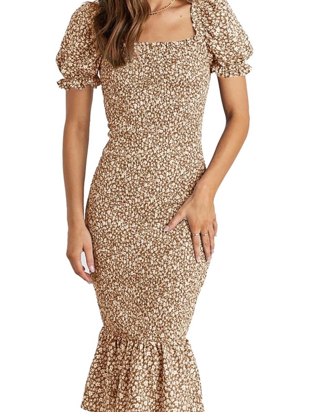 Brown Floral Smocked Midi Dress with Ruffle Hem